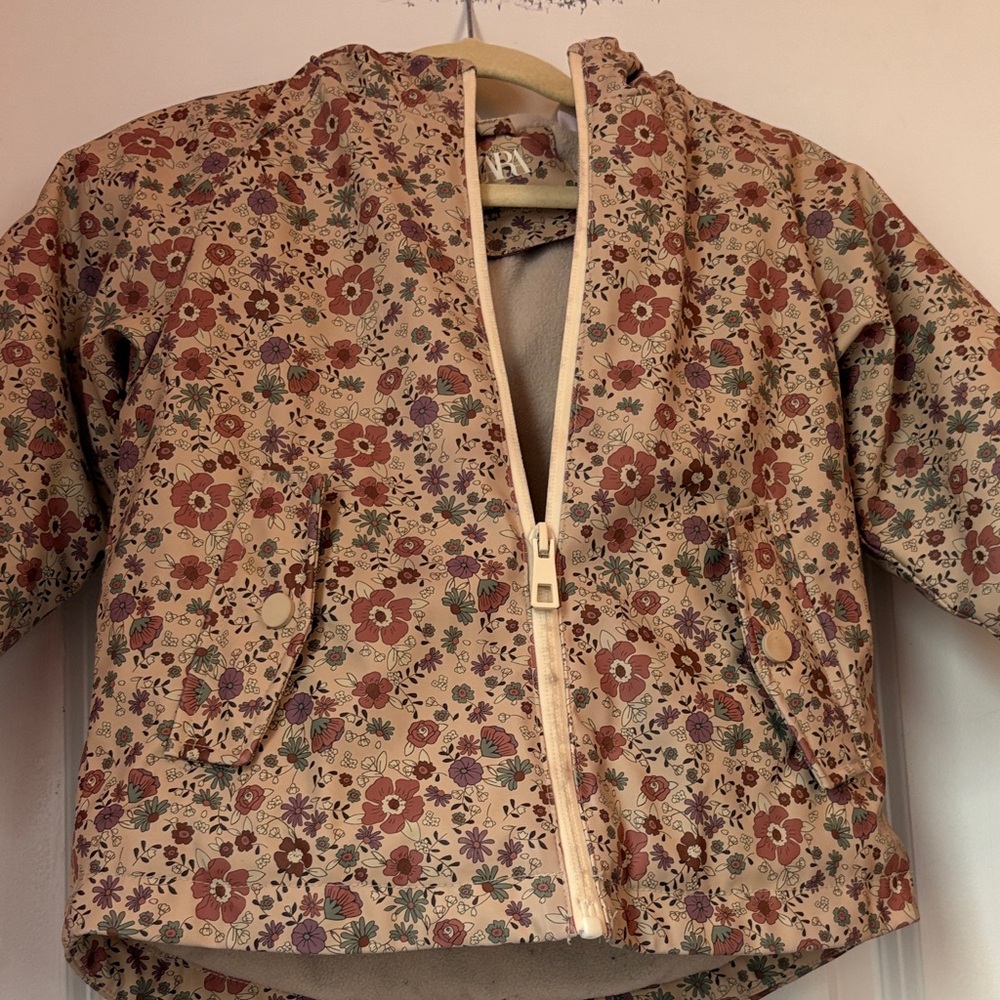 Zara Cream Floral Hooded Rain Jacket with Rust and Purple Accents